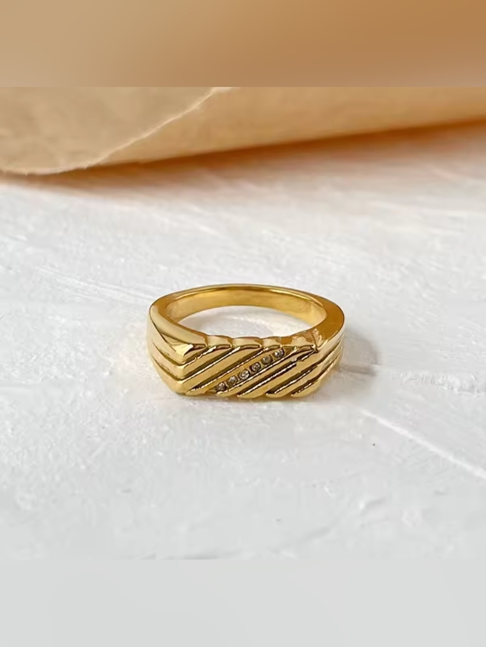 Gold-Tone Diagonal Stripe Ring with Accent Stones